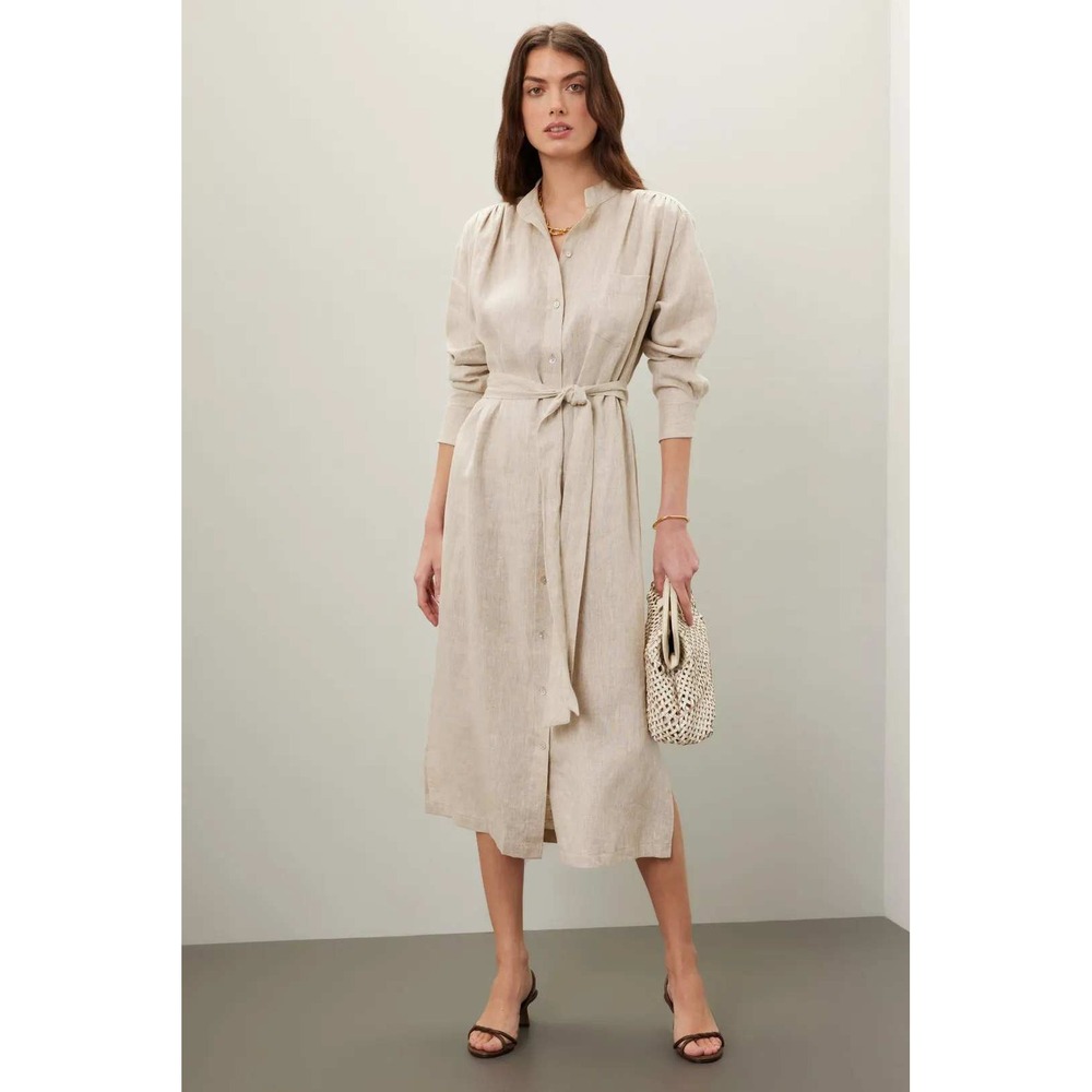 FIFTEEN TWENTY Linen Shirt Dress Beige Belted Long Sleeve‎ Midi Casual Sz M